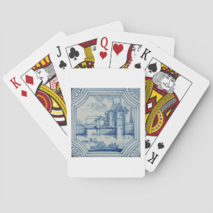 Delft tile showing a drawbridge over a canal, 19th playing cards