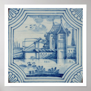 Delft tile showing a drawbridge over a canal, 19th poster