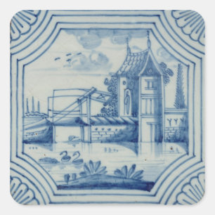 Delft tile showing a drawbridge over a canal, 19th square sticker