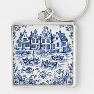 Delft Town & Fishing Harbour Cobalt Blue White Key Ring