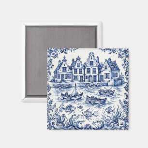 Delft Town & Fishing Harbour Cobalt Blue White Magnet