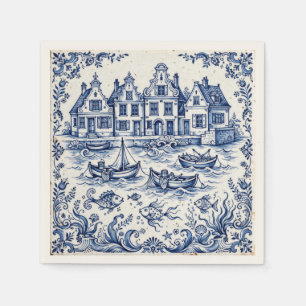 Delft Town & Fishing Harbour Cobalt Blue White Napkin