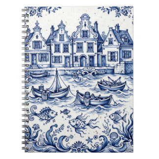 Delft Town & Fishing Harbour Cobalt Blue White Notebook