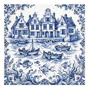 Delft Town & Fishing Harbour Cobalt Blue White  Photo Print