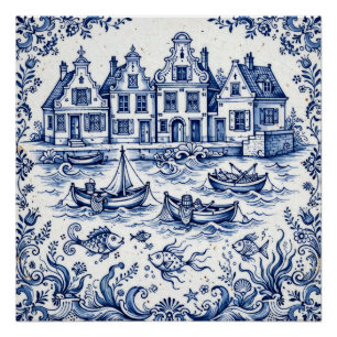 Delft Town & Fishing Harbour Cobalt Blue White Poster
