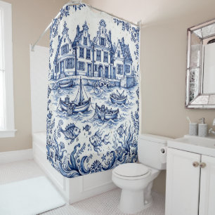 Delft Town & Fishing Harbour Cobalt Blue White Shower Curtain