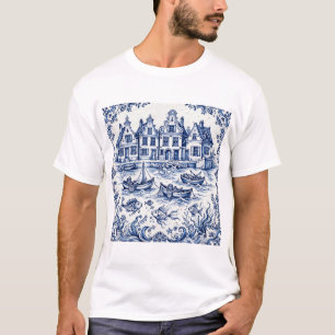 Delft Town & Fishing Harbour Cobalt Blue White T-Shirt