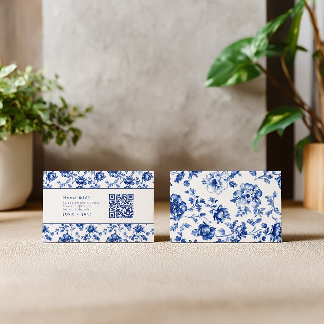 Delftware Blue Floral RSVP with qr code Enclosure Card (Blue delftware style blue and white wedding invitation rsvp insert)