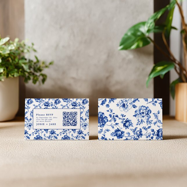 Delftware-Inspired Blue Floral RSVP with qr code Enclosure Card (Vintage style Delftware rsvp enclosure card with qr code)