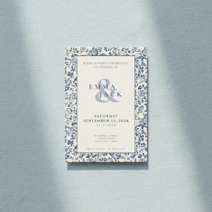 Delftware style Blue cream Floral wedding Invitation