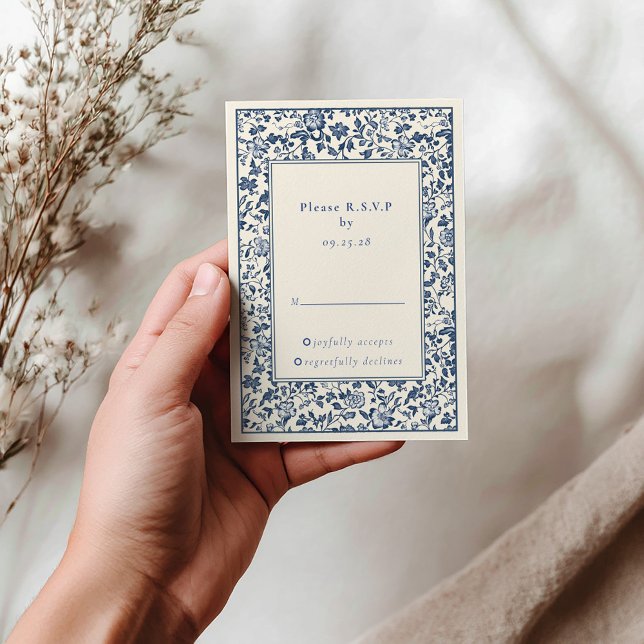 Delftware vintage Blue Floral response rsvp (Vintage delftware RSVP invitation with pretty botanical blue and cream frame border.)