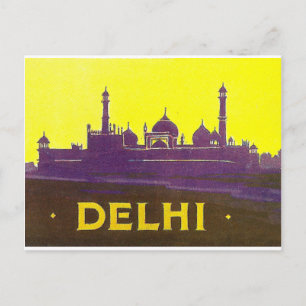 Delhi, silhouette of the city, temple and fortress postcard