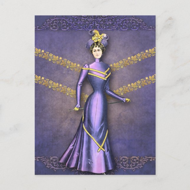 DELIA: 1890s WALKING DRESS in Purple and Gold Postcard (Front)