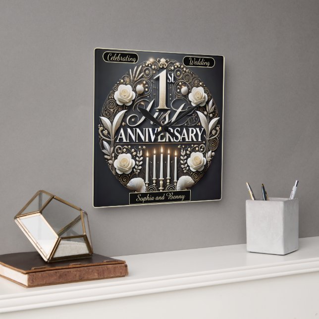 Delicate 1st Anniversary Floral Keepsake Square Wall Clock (Office)