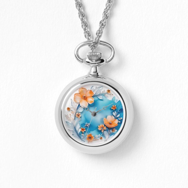  Delicate 3D Pastel Flowers Watch Necklace  (Front)