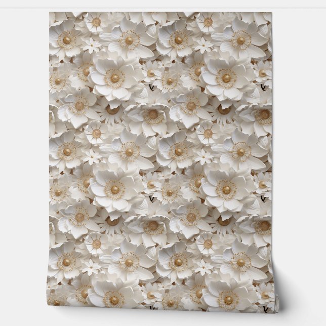 Delicate 3d white and gold flowers spring floral wallpaper (Unrolling)