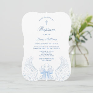 Delicate Angel Wings Blue Bow Baptism Invitation