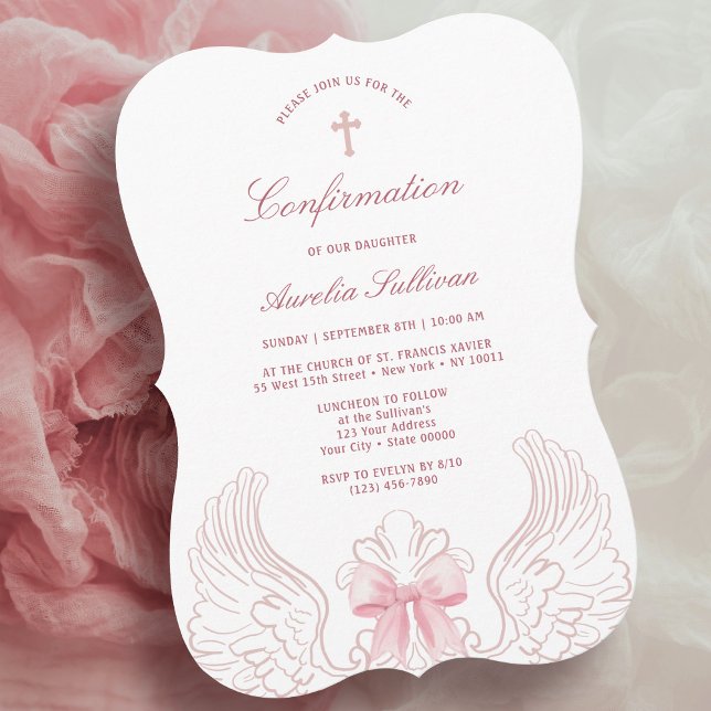 Delicate Angel Wings Pink Bow Confirmation Invitation (Creator Uploaded)