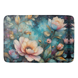 Delicate Apricot Cosmos on Teal Bath Mat