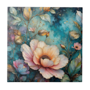 Delicate Apricot Cosmos on Teal Tile