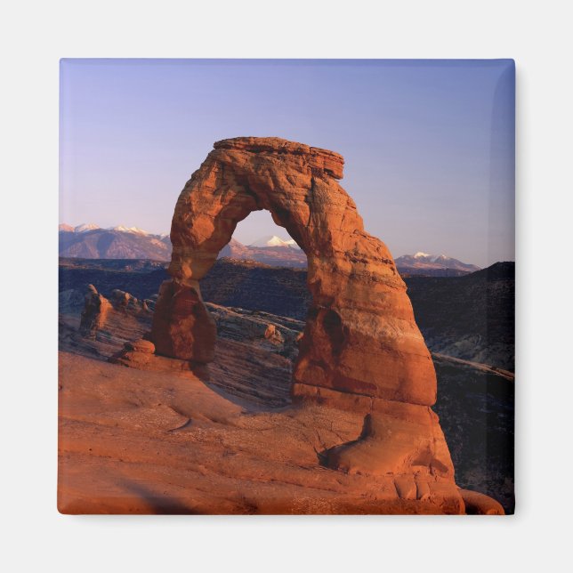 Delicate Arch at Sunset with snow covered La Magnet (Front)