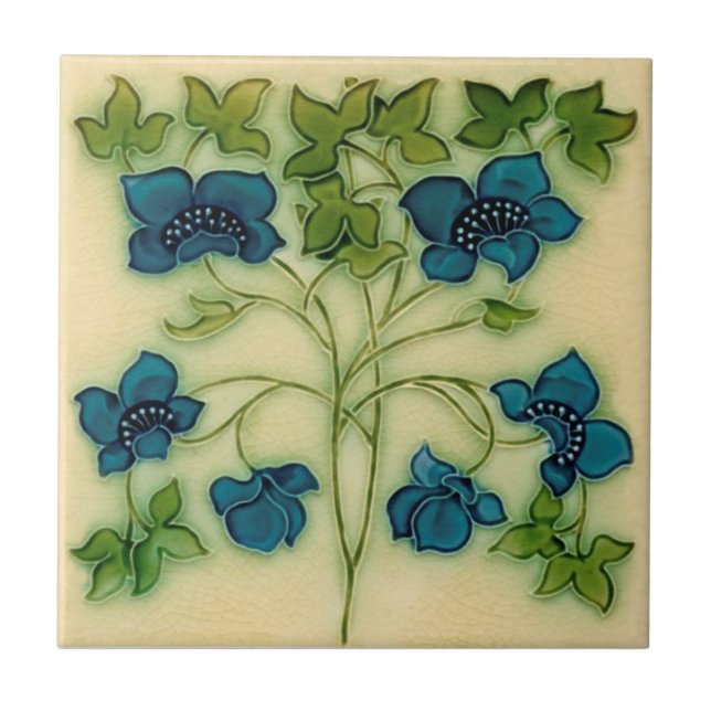 Delicate Art Nouveau Pilkington Blue Floral Repro Tile (Front)