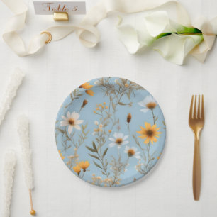 Delicate Australian Wildflowers On Blue, Paper Plate