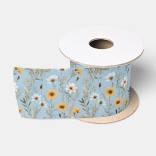 Delicate Australian Wildflowers On Blue, Satin Ribbon