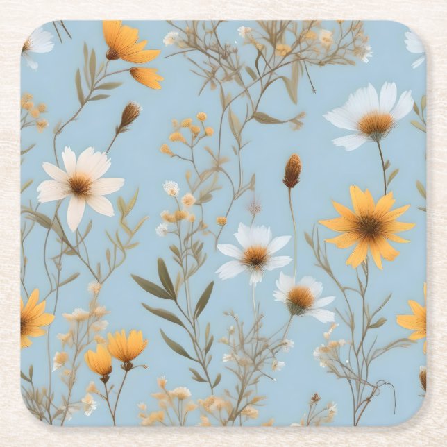 Delicate Australian Wildflowers On Blue, Square Paper Coaster (Front)