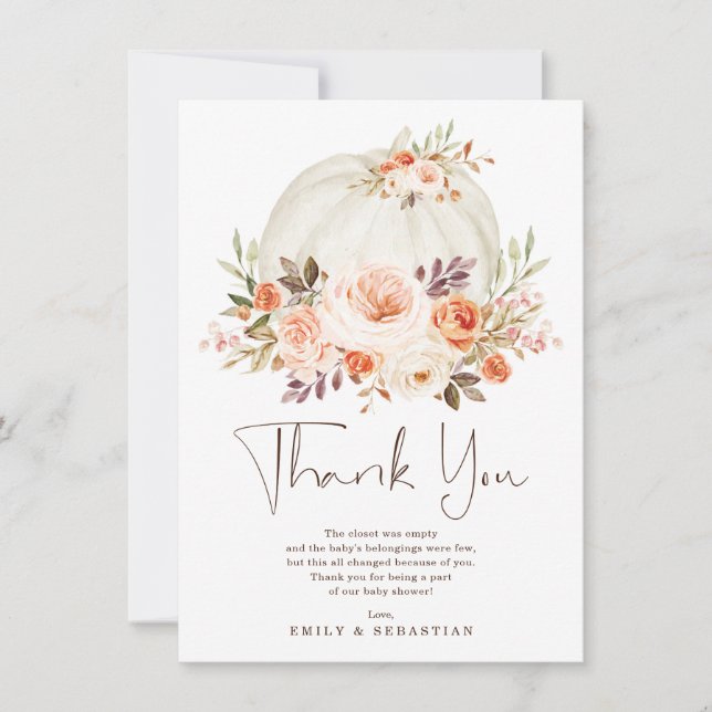 Delicate Autumn Pumpkin Fall Floral Baby Shower Thank You Card (Front)