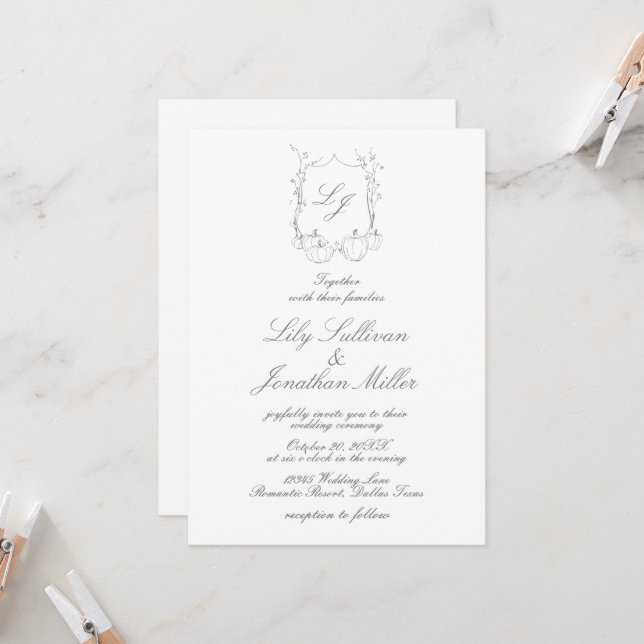 Delicate Autumn Pumpkin Monogram Crest Wedding Invitation (Front/Back In Situ)