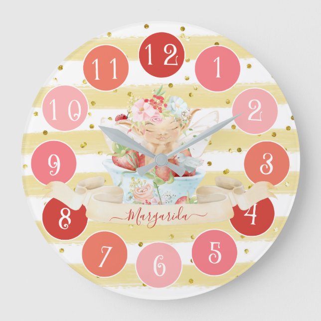 Delicate Baby Fairy and Strawberry Large Clock (Front)