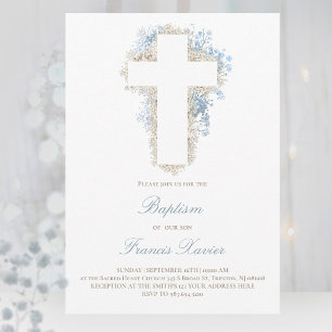 delicate baby's breath flowers cross Baptism  Invitation