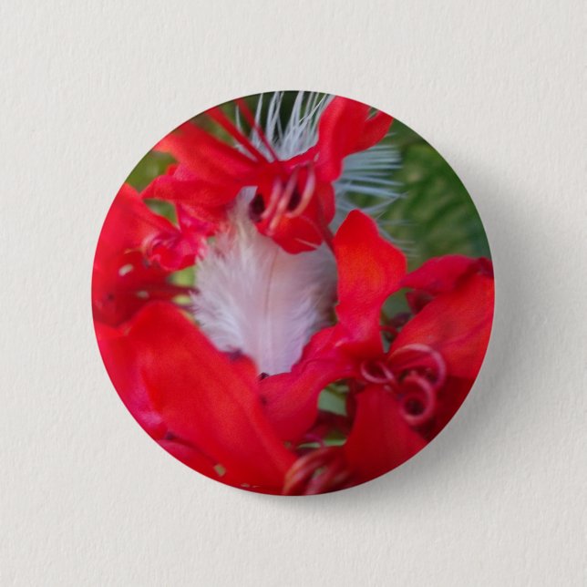 Delicate Beauty: Red Flower with White Feather 6 Cm Round Badge (Front)