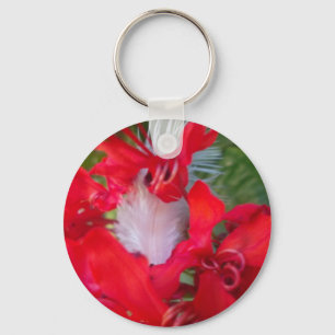 Delicate Beauty: Red Flower with White Feather Key Ring