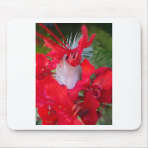 Delicate Beauty: Red Flower with White Feather Mouse Mat