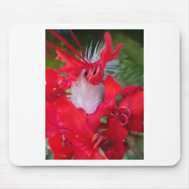 Delicate Beauty: Red Flower with White Feather Mouse Mat (Front)