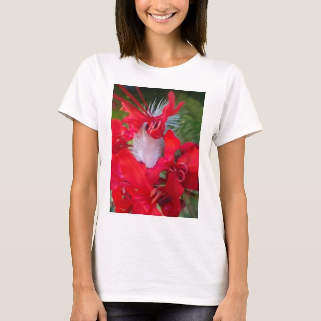 Delicate Beauty: Red Flower with White Feather T-Shirt (Front)