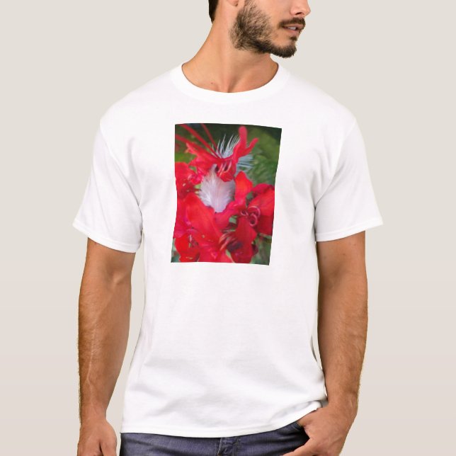 Delicate Beauty: Red Flower with White Feather T-Shirt (Front)