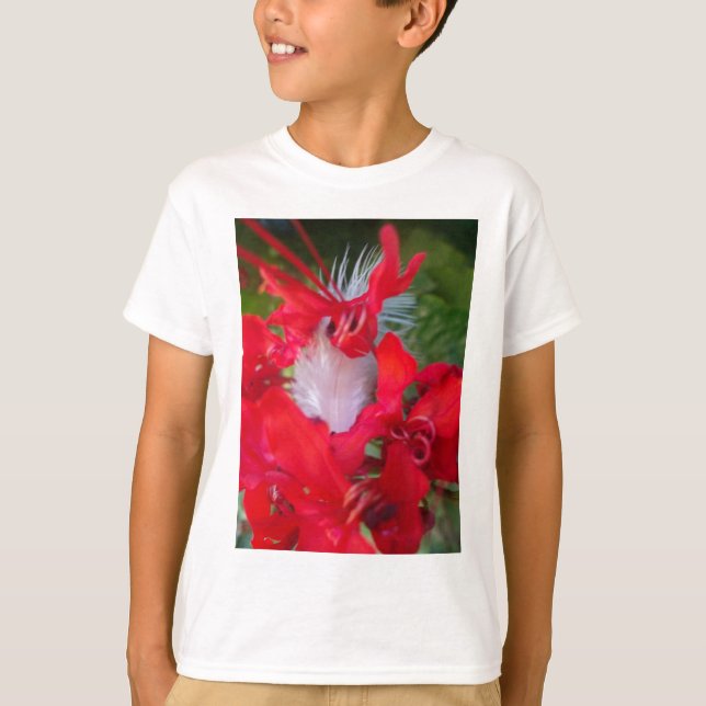 Delicate Beauty: Red Flower with White Feather T-Shirt (Front)