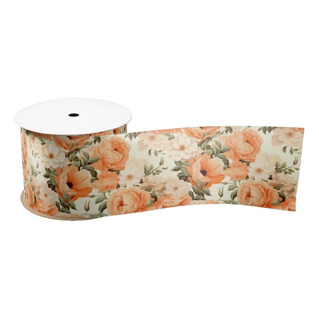 Delicate beige peach flowers satin ribbon (Spool)