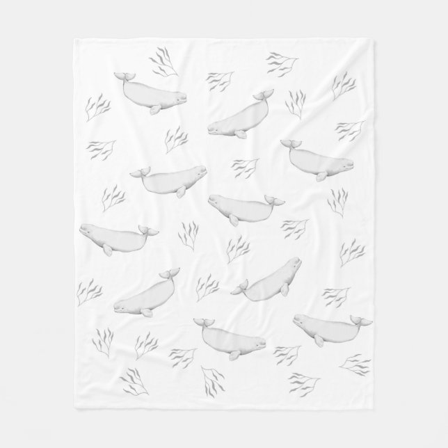Delicate Beluga Whales And Sea Weed Illustration  Fleece Blanket (Front)