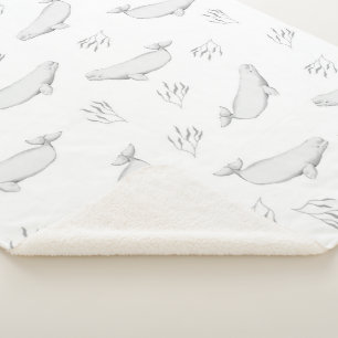 Delicate Beluga Whales And Sea Weed Illustration   Sherpa Blanket