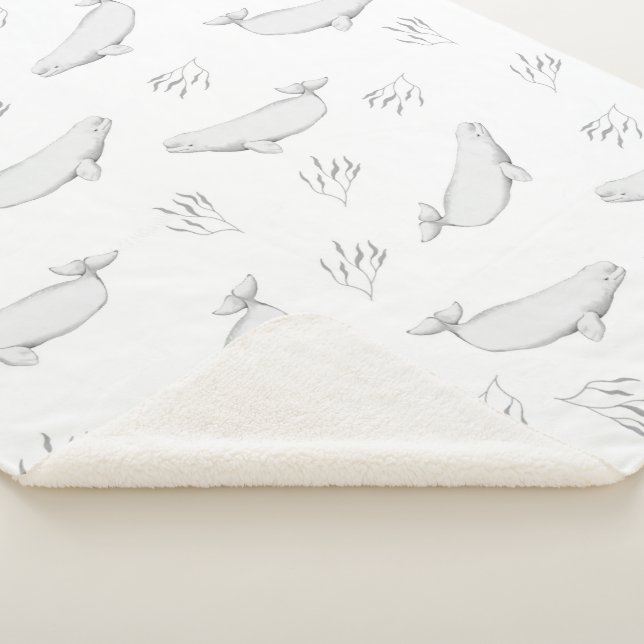 Delicate Beluga Whales And Sea Weed Illustration   Sherpa Blanket (3/4)