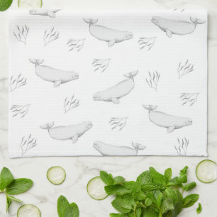 Delicate Beluga Whales And Sea Weed Illustration Tea Towel