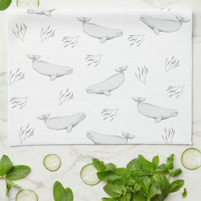 Delicate Beluga Whales And Sea Weed Illustration Tea Towel (Folded)