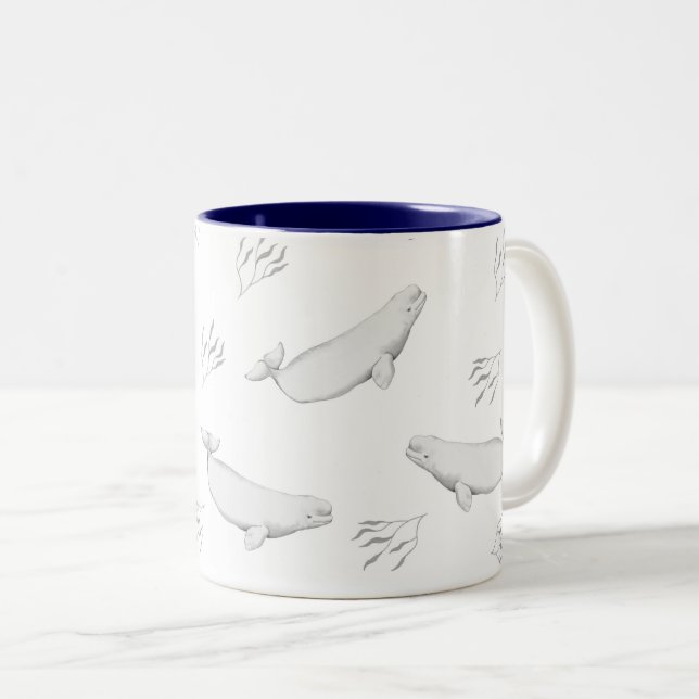 Delicate Beluga Whales And Sea Weed Illustration   Two-Tone Coffee Mug (Front Right)