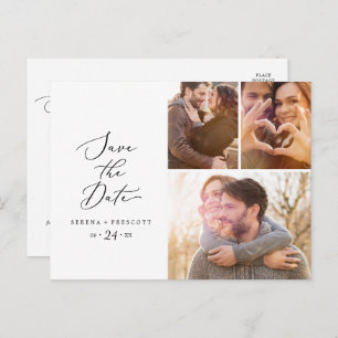 Delicate Black 3 Photo Collage Save the Date Invitation Postcard