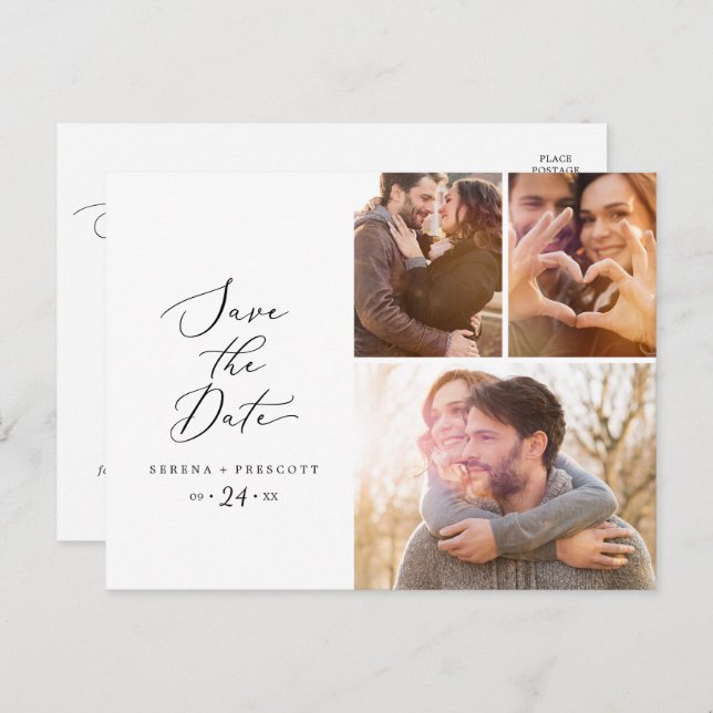 Delicate Black 3 Photo Collage Save the Date Invitation Postcard (Front/Back)