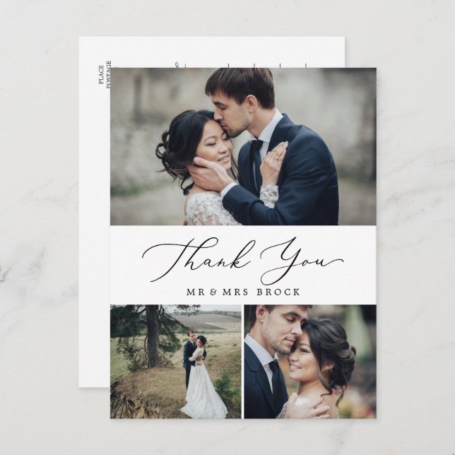 Delicate Black 3 Photo Collage Thank You Postcard (Front/Back)